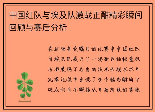 中国红队与埃及队激战正酣精彩瞬间回顾与赛后分析